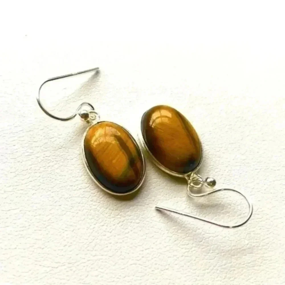 Real Tiger Eye Gemstone Solid 925 Sterling Silver Drop Earrings NWT